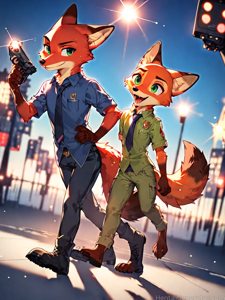  1boy 1girl animal ears hentaigenerator black footwear black necktie blue necktie blue pants blue sky blurry blurry background boots building camera c