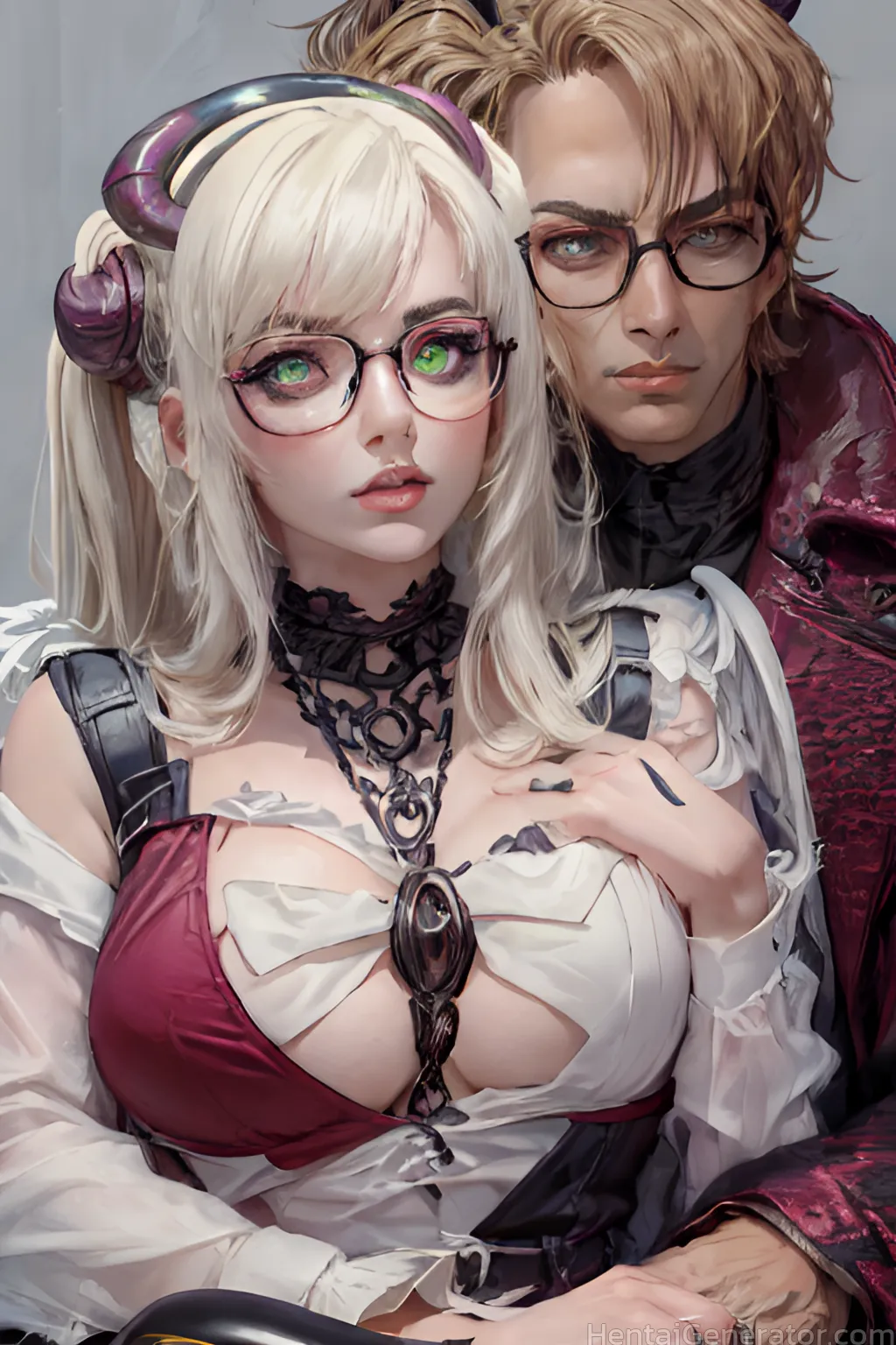  1boy 1girl bangs bare shoulders bespectacled black-framed eyewear blonde hair breasts cleavage glasses green eyes large breasts lips looking at viewe