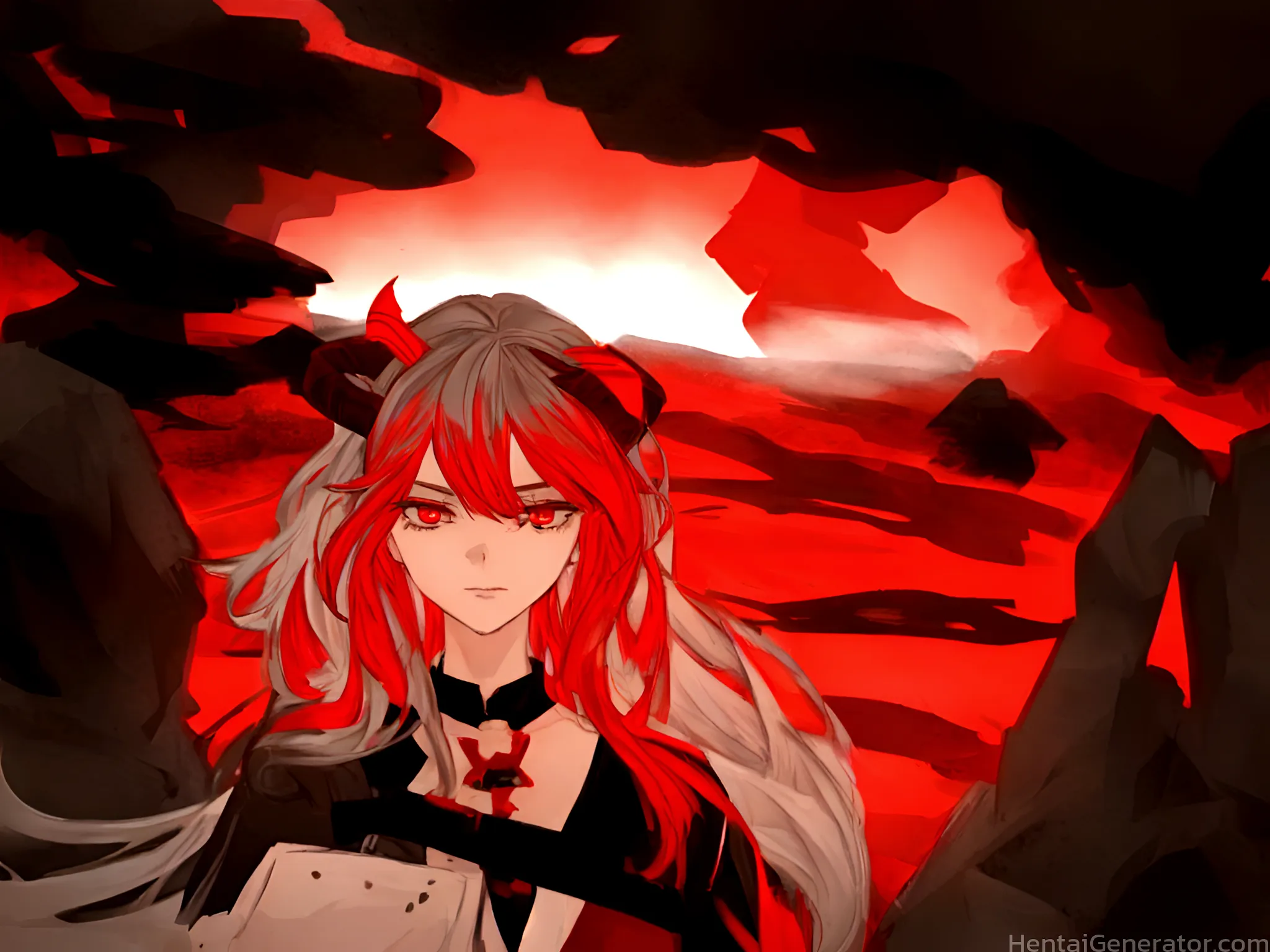  1boy 1girl bangs demon horns embers fire hair between eyes horns long hair looking at viewer molten rock red background red eyes red hair red sky red