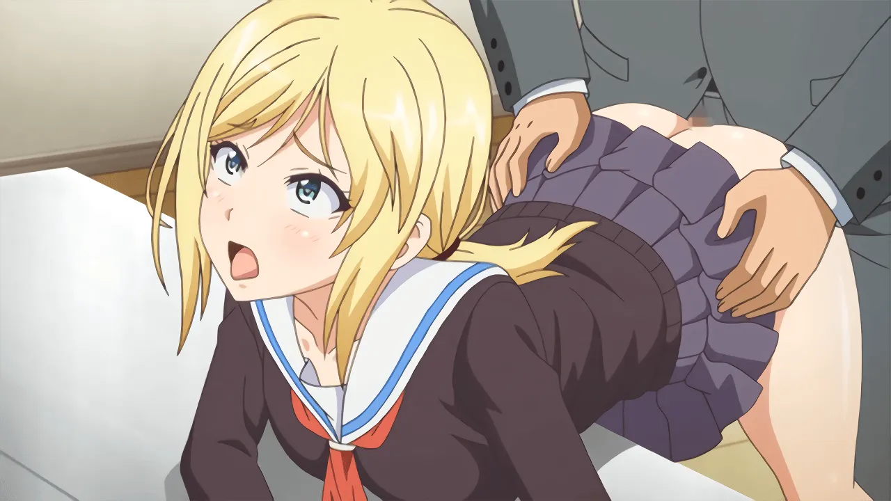  1boy 1girl blonde hair blue eyes blush clothes lift doggystyle hetero long hair open mouth pleated skirt ponytail school uniform serafuku sex sex fro