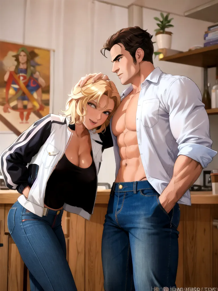  1boy 2girls abs blonde hair blue pants blurry blurry background blurry foreground breasts cleavage dark-skinned female dark skin denim depth of field