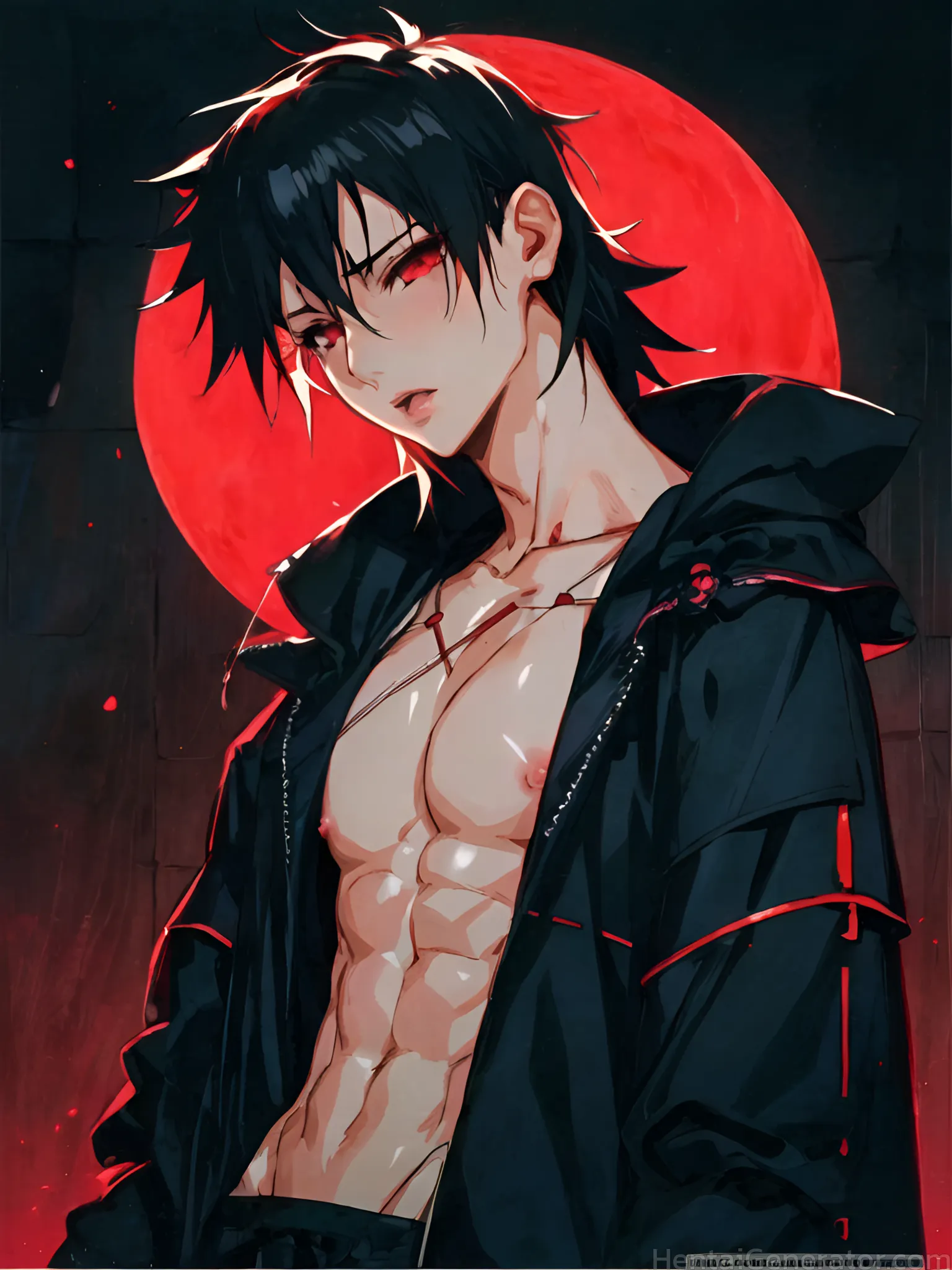  1boy abs bare pectorals black hair full moon hood jewelry looking at viewer male focus moon muscular muscular male night nipples open clothes pectora