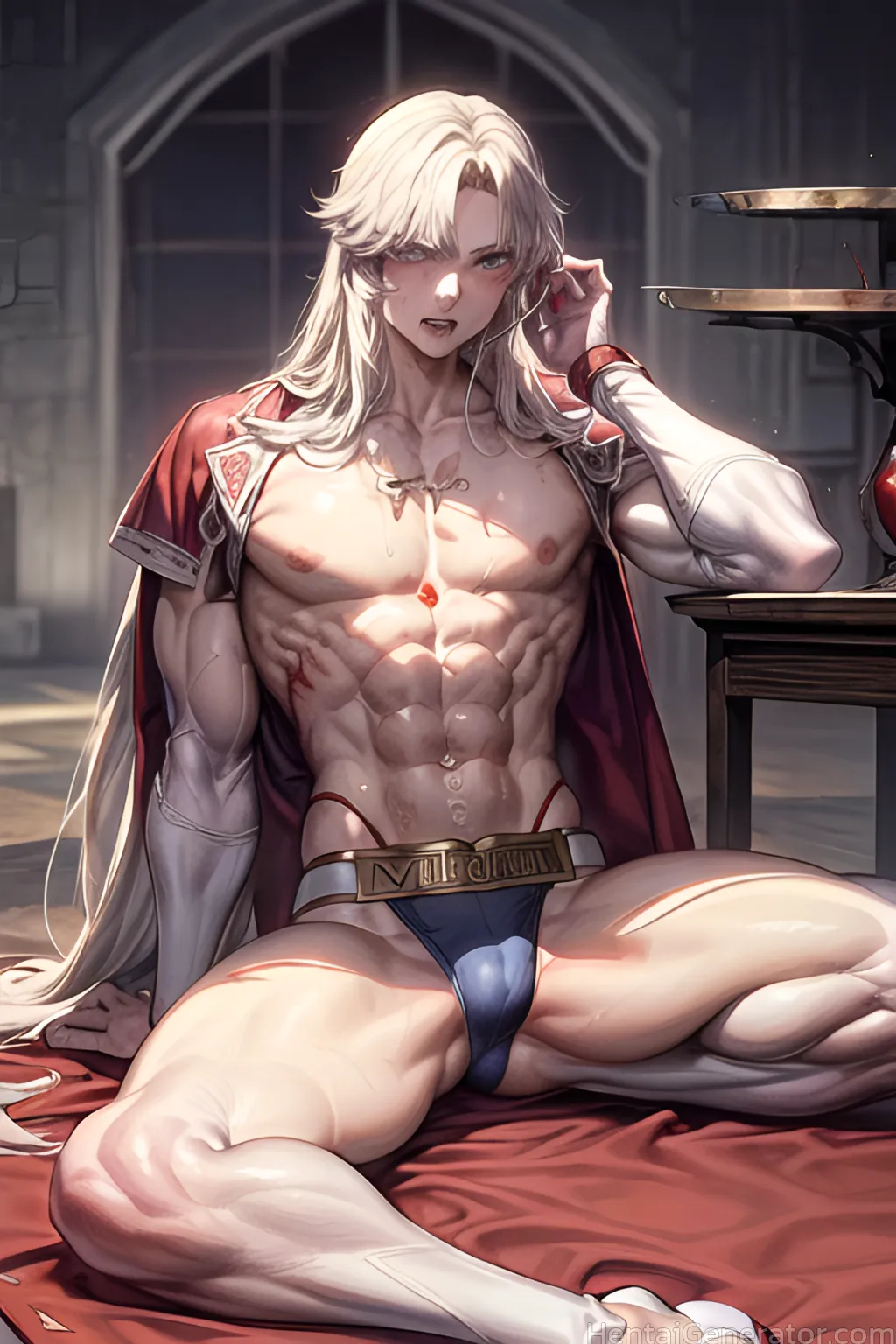  1boy abs belt blonde hair blue eyes bulge long hair looking at viewer male focus muscular muscular female navel nipples pectorals scar sitting solo t