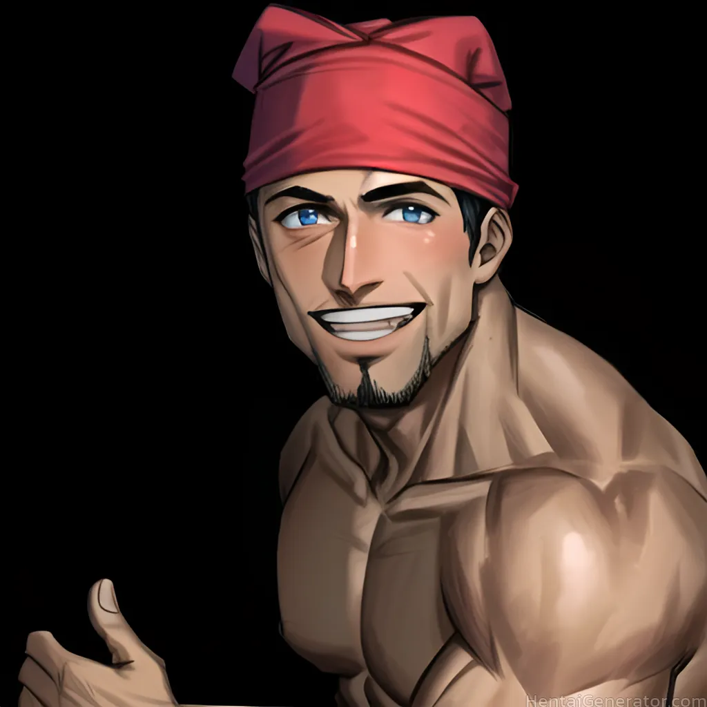  1boy bandana bara black background black hair blue eyes facial hair gloves hat letterboxed looking at viewer male focus muscular muscular male pector