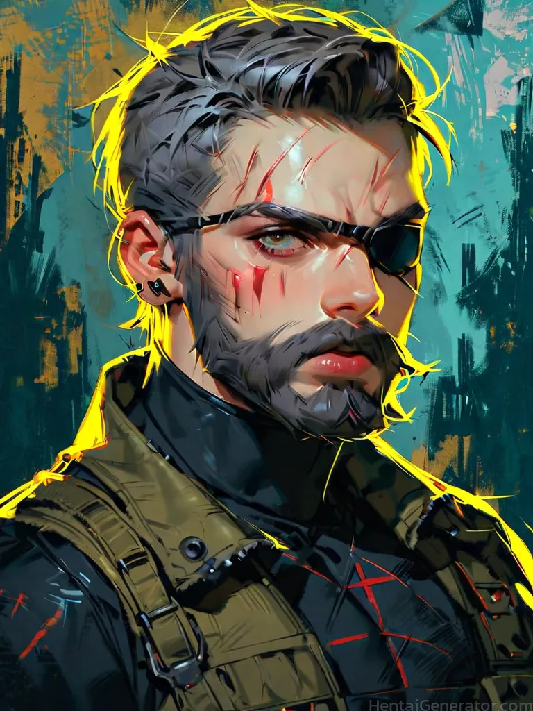  1boy beard black hair blood blood on face eyepatch facial hair looking at viewer male focus manly military military uniform mustache open mouth rain 