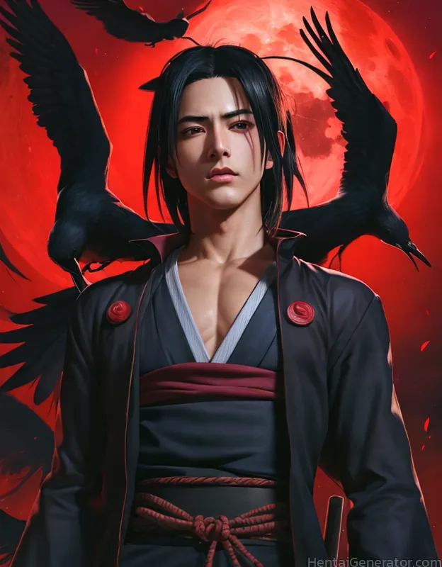  1boy bird bird wings black feathers black hair black wings crow demon boy eagle feathered wings feathers flag background full moon japanese clothes j