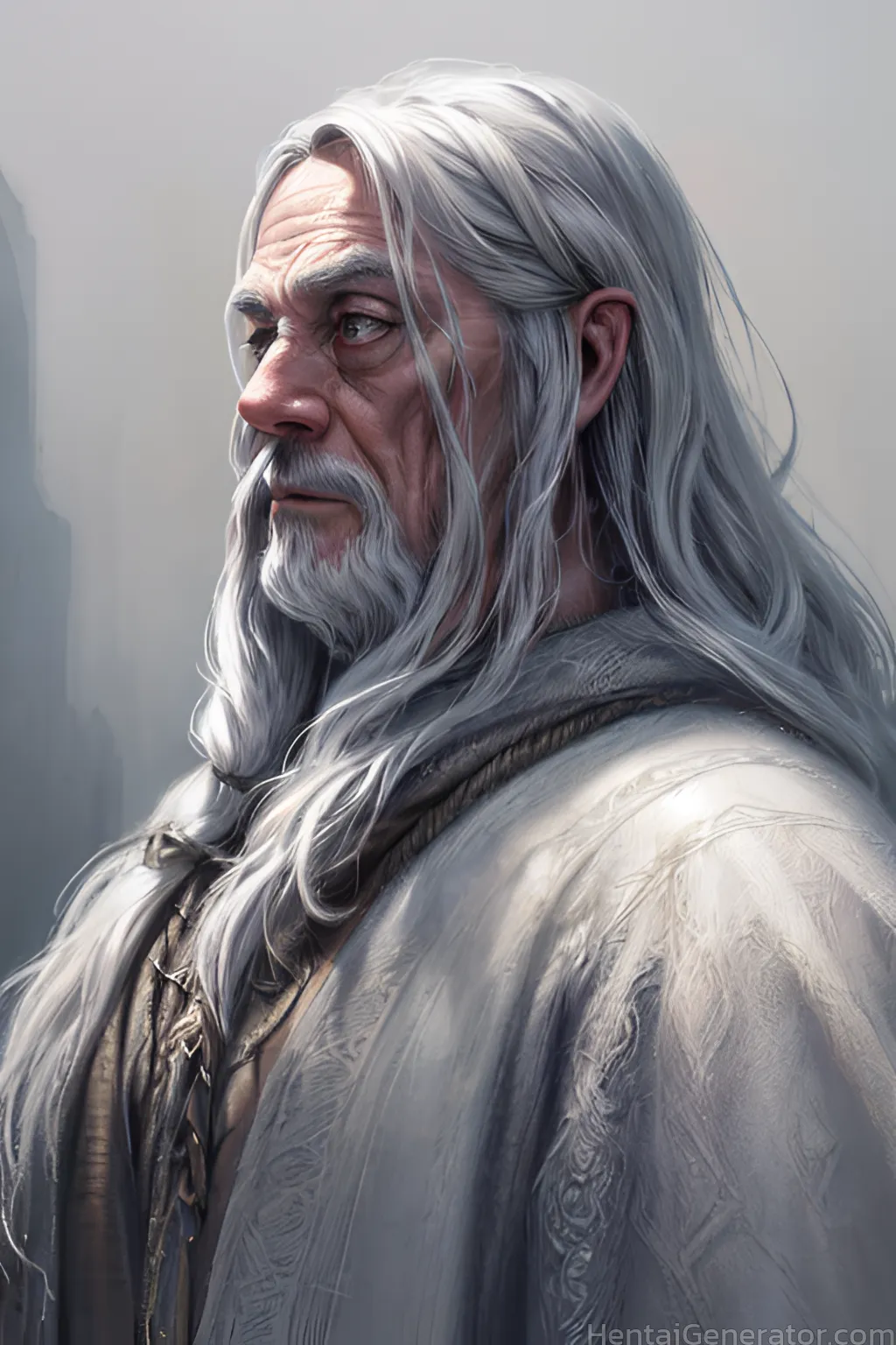  1boy hentaigenerator beard facial hair grey background long hair male focus manly mustache old old man realistic solo upper body white hair wrinkled 