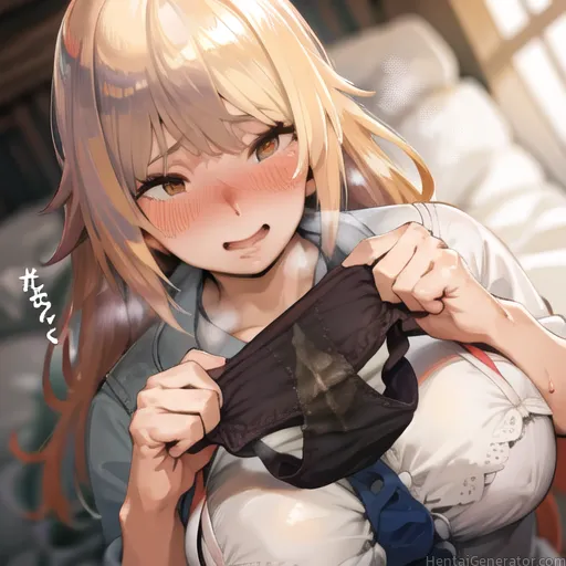  1girl 3 bangs blonde hair blurry blurry background blush breasts breath brown eyes heavy breathing holding holding clothes holding underwear long hai