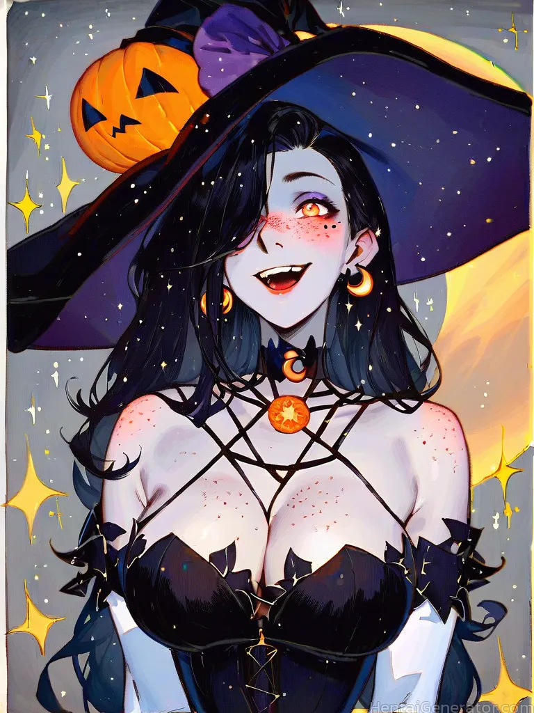  1girl   hentaigenerator bat black hair blush breasts candy cleavage constellation crescent moon diffraction spikes earrings elbow gloves full moon gh