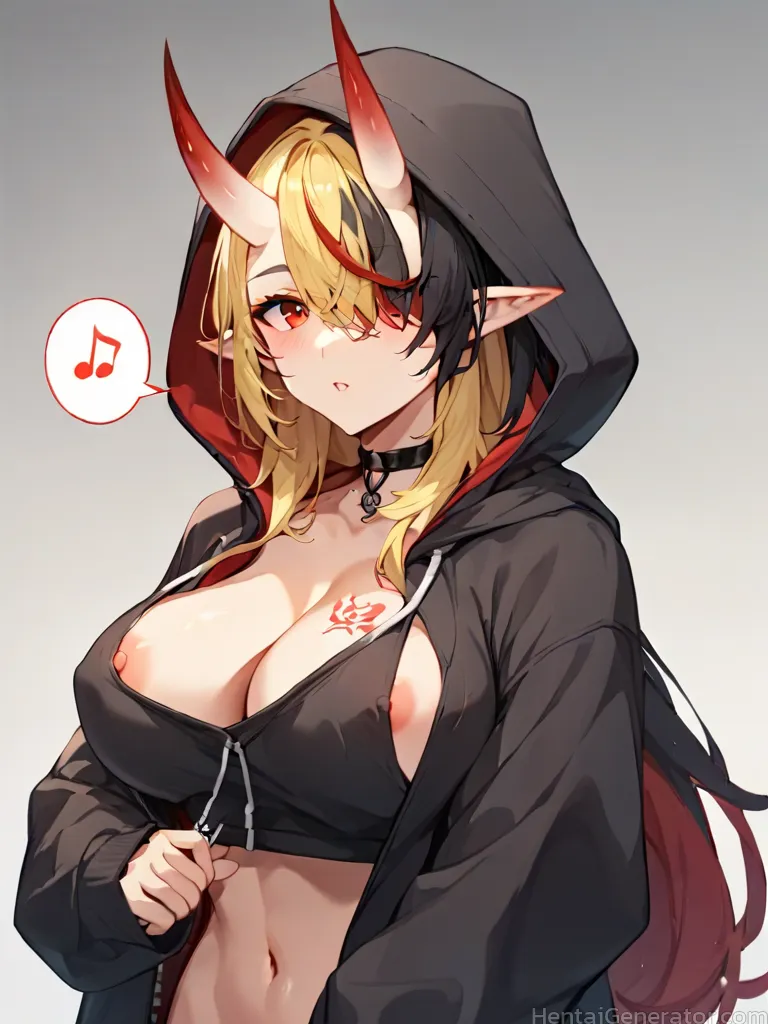  1girl  black choker black hoodie blonde hair breast tattoo breasts choker drawstring eighth note gradient gradient background grey background hood ho