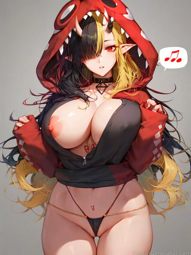  1girl  black hair blonde hair breasts choker cowboy shot eighth note gradient grey background highleg hood hoodie horns jacket large breasts long hai