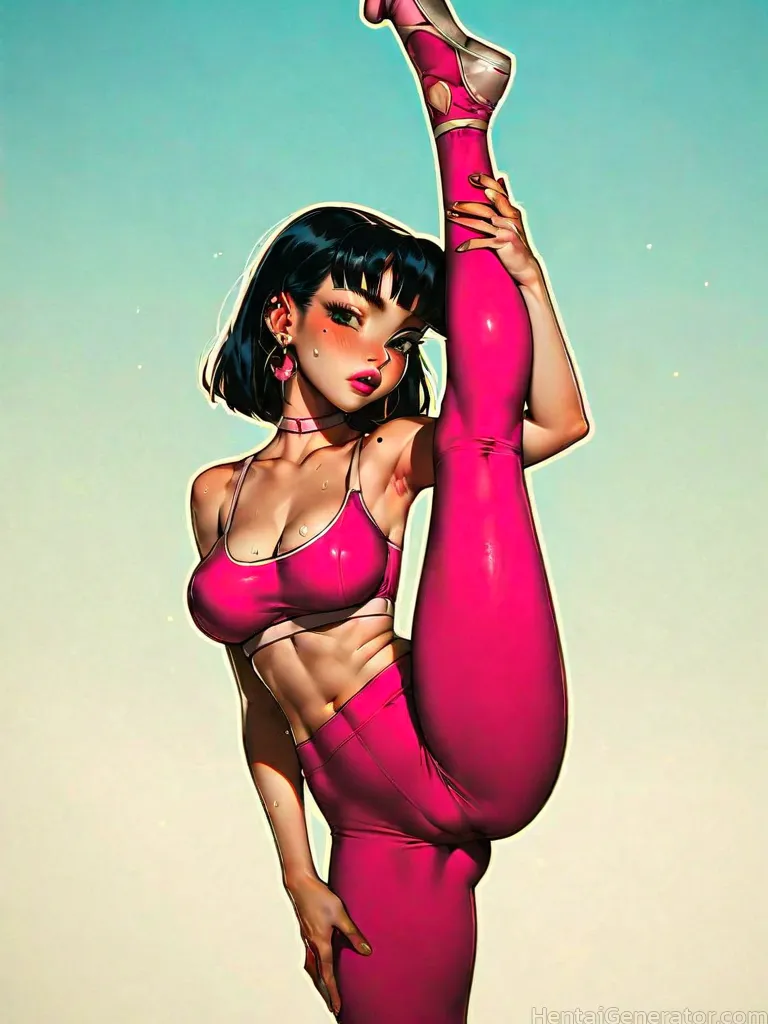  1girl abs bangs black hair breasts choker cleavage earrings flexible jewelry leg hold leg lift leg up lips midriff mole mole on breast pink legwear p