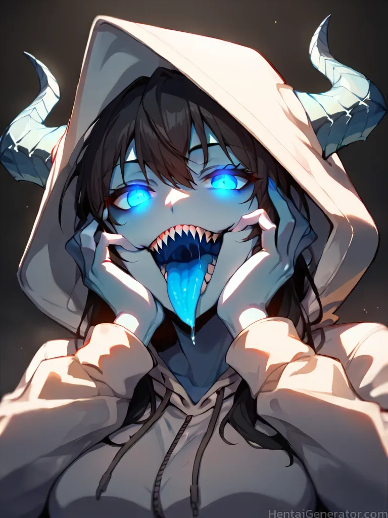  1girl abyssal ship hentaigenerator black hair black hoodie blue eyes blue tongue colored tongue fangs glowing glowing eyes hands on own cheeks hands 