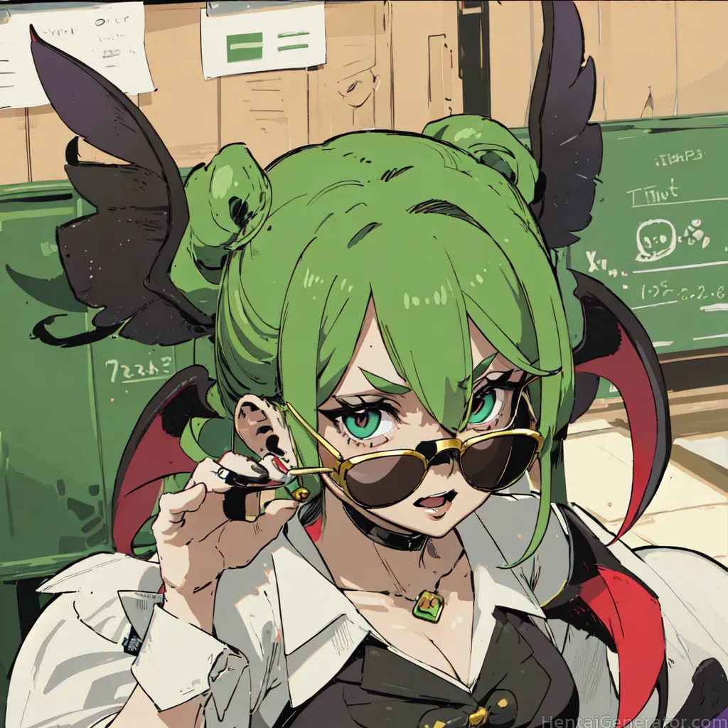  1girl adjusting eyewear angel and devil bat print bat wings black wings breasts brown wings chalkboard classroom cleavage demon girl demon horns demo