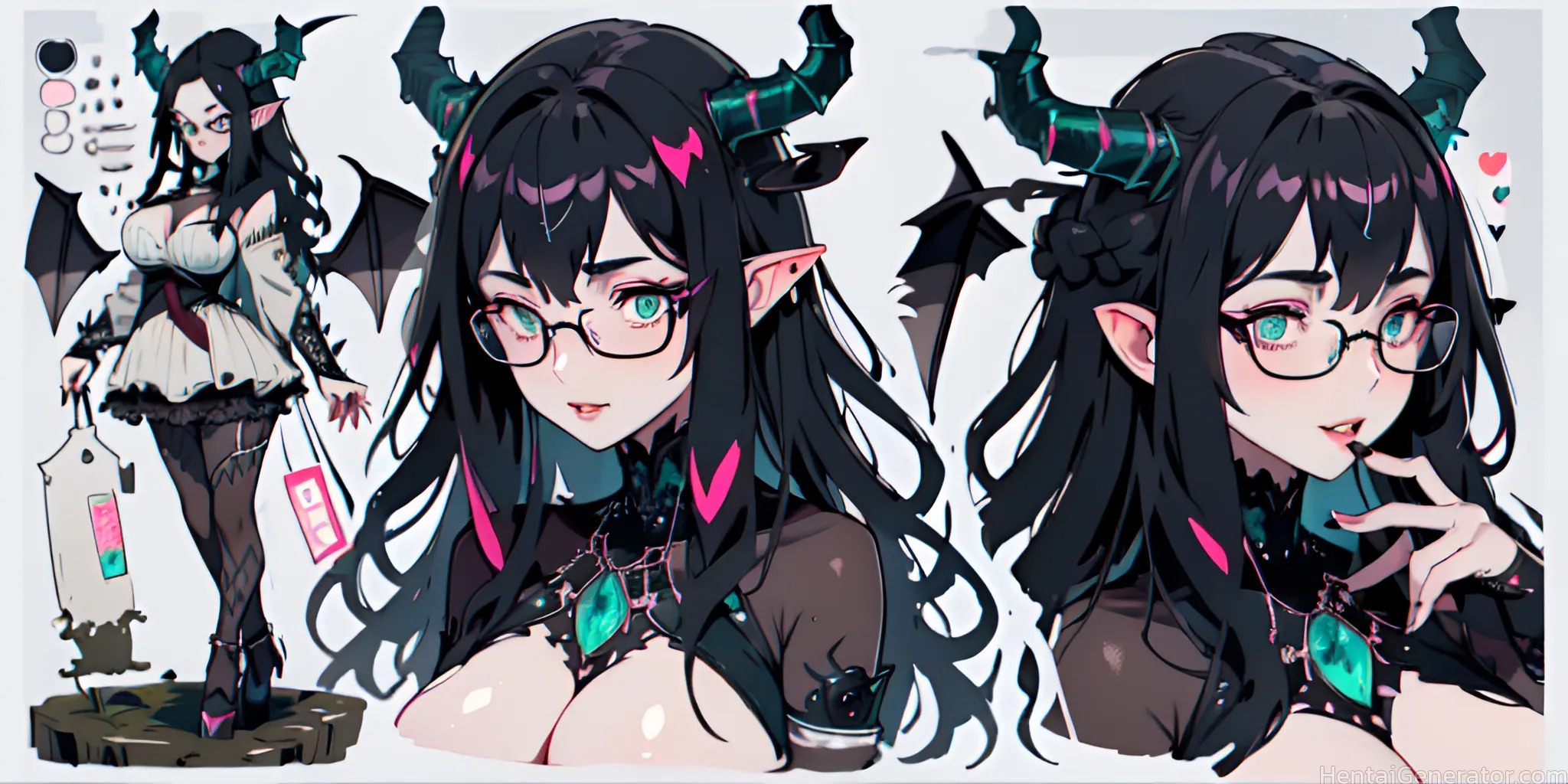  1girl adjusting eyewear aqua eyes bat bat wings bespectacled black-framed eyewear black hair book breasts cleavage demon girl demon horns demon tail 