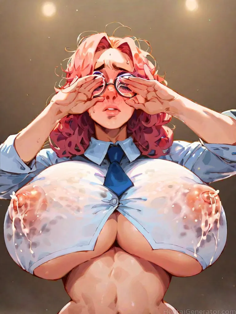  1girl adjusting eyewear areolae breasts cum on body cum on breasts glasses huge breasts lactation lactation through clothes lips long hair navel neck