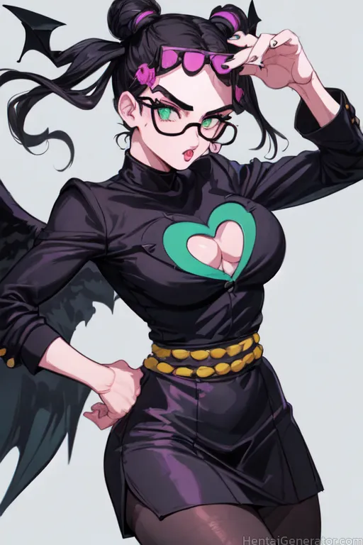  1girl adjusting eyewear black hair black wings breasts cleavage cleavage cutout clothing cutout earrings glasses gradient gradient background green e