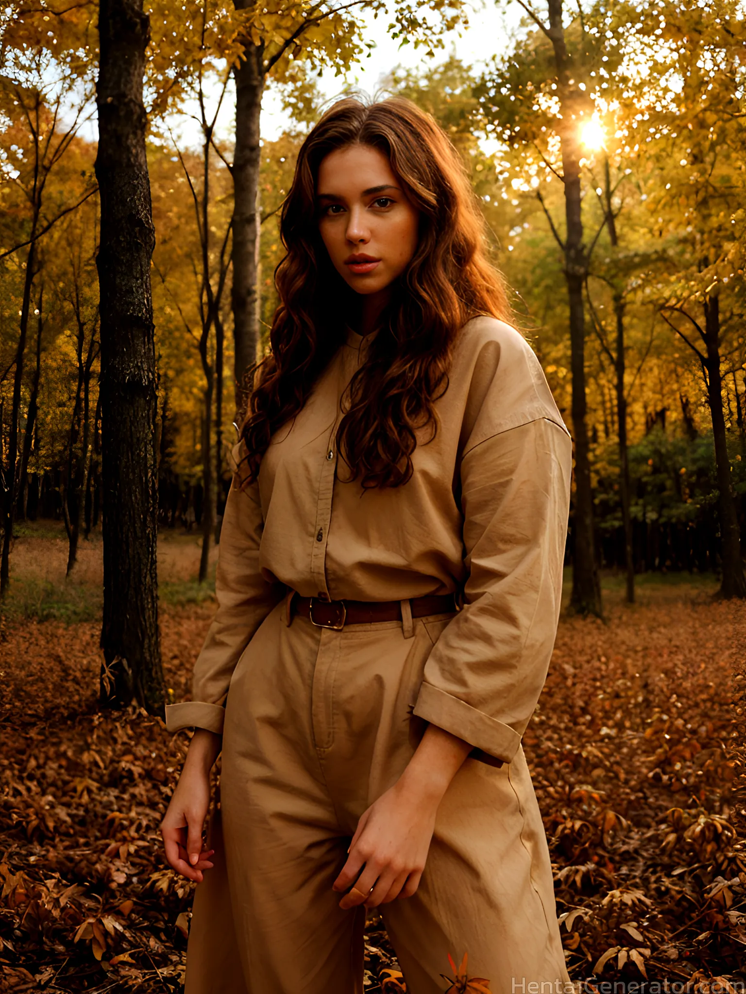  1girl against tree hentaigenerator autumn autumn leaves bare tree belt branch bush day falling leaves fence forest lake leaf leaf background lips lon