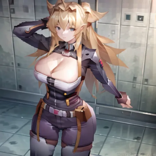  1girl against wall bathroom belt blonde hair blue eyes breasts brick brick floor brick wall ceiling chain-link fence cleavage closed mouth crack crac