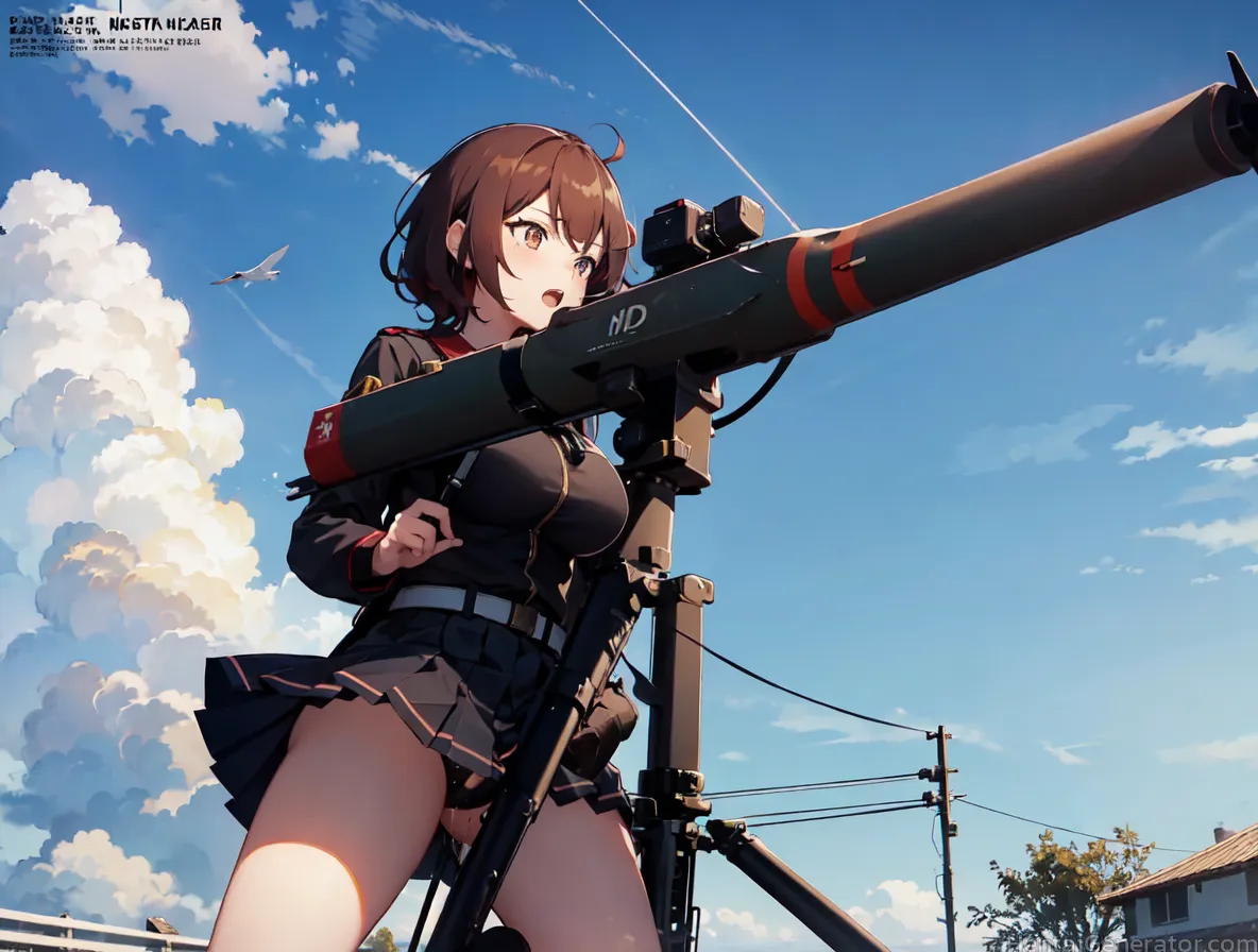  1girl ahoge aircraft airplane bird black skirt blue sky breasts brown eyes brown hair cloud cloudy sky condensation trail day horizon long sleeves mi