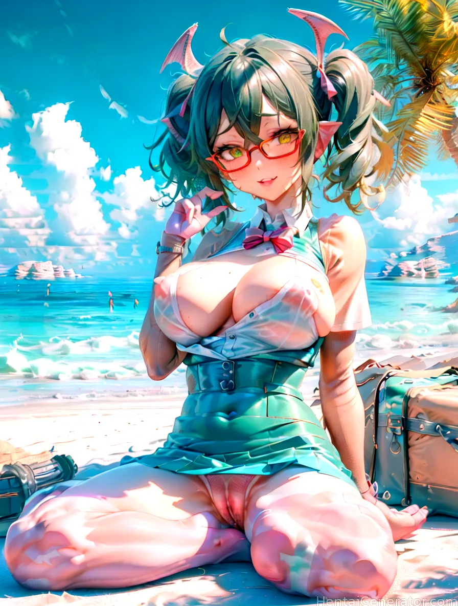  1girl ahoge aqua hair bangs beach blue sky blush boat breasts cloud cloudy sky day glasses green hair horizon large breasts looking at viewer ocean o