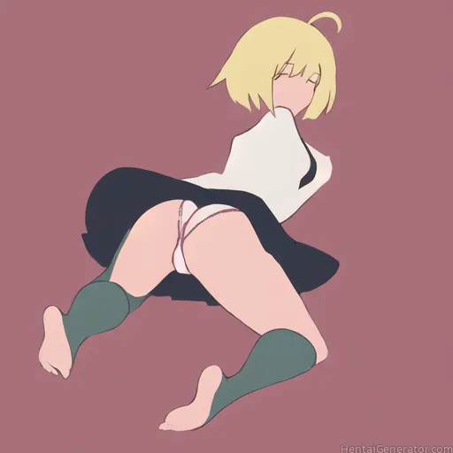  1girl ahoge ass barefoot black skirt blonde hair flat color panties pink background purple background red background shirt short hair simple backgrou