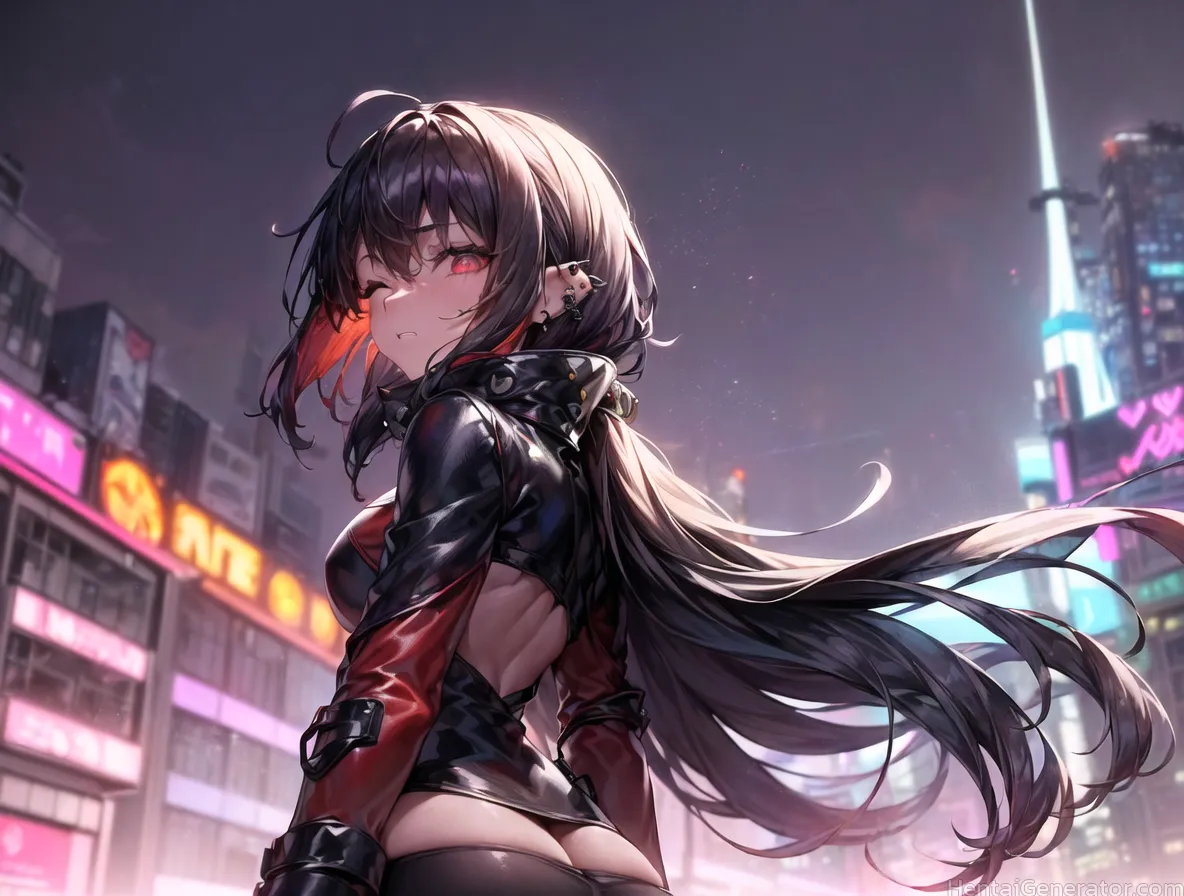  1girl ahoge bangs black hair black legwear blurry blurry background blurry foreground blush breasts building city city lights cityscape depth of fiel