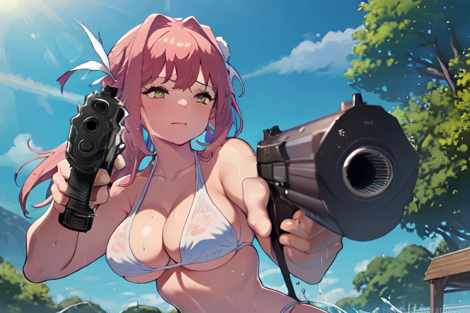  1girl aiming aiming at viewer ak-47 ar-15 assault rifle bare shoulders beach beretta 92 bikini binoculars blue sky bolt action breasts building bullp