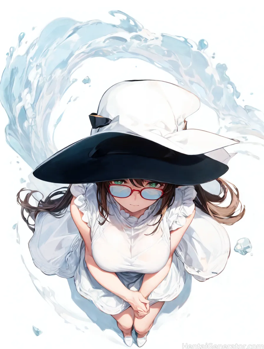  1girl air bubble bangs breasts brown hair bubble caustics closed mouth dress fish from above full body glasses green eyes hat large breasts long hair