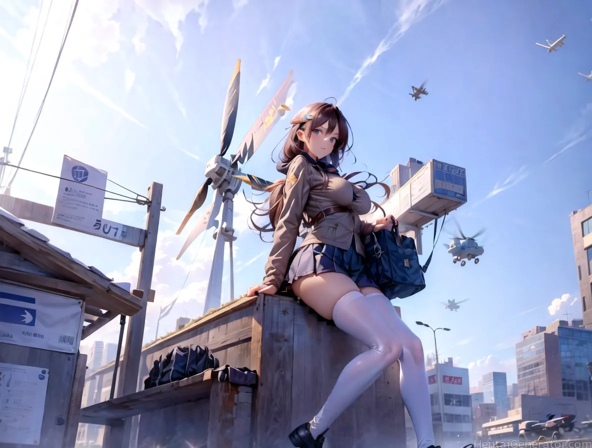  1girl aircraft airplane bangs blue eyes blue sky breasts brown hair building city cityscape cloud condensation trail crane  day fighter jet helicopte