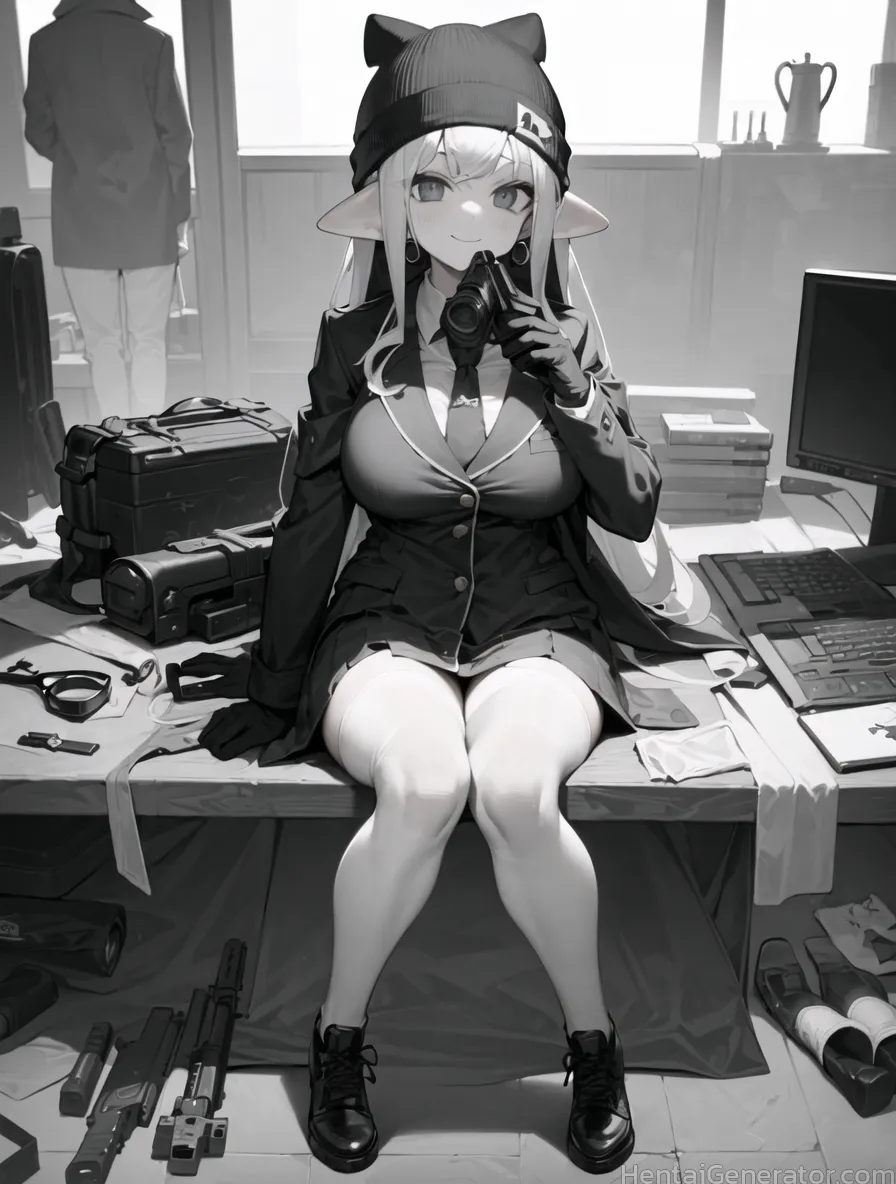  1girl ak-47 animal hat ar-15 assault rifle breasts closed mouth elf gloves greyscale gun hk hk416 handgun hat holding gun jacket kalashnikov rifle la