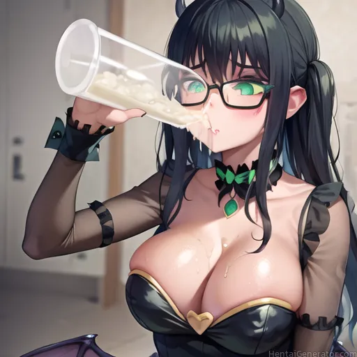  1girl alcohol animal ears bare shoulders beer black-framed eyewear black hair black leotard blurry blurry background breasts cleavage collarbone cup 