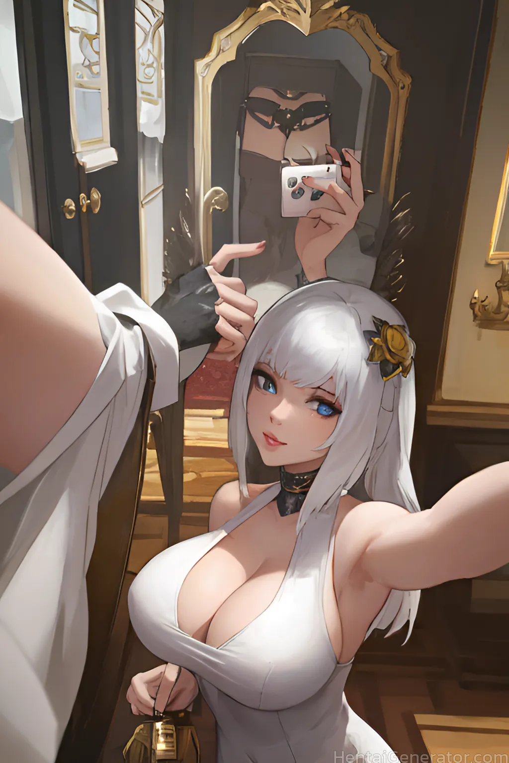  1girl alcohol bangs bare shoulders blue eyes breasts cellphone chain cleavage cup dress hair ornament halter dress holding holding phone large breast