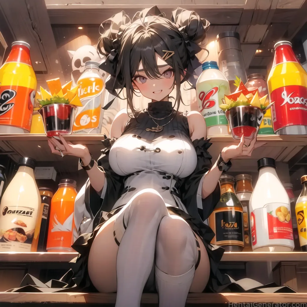  1girl alcohol bare shoulders black hair bottle breasts can chinese clothes chips coca-cola cola crossed legs dress food hair ornament hairclip holdin