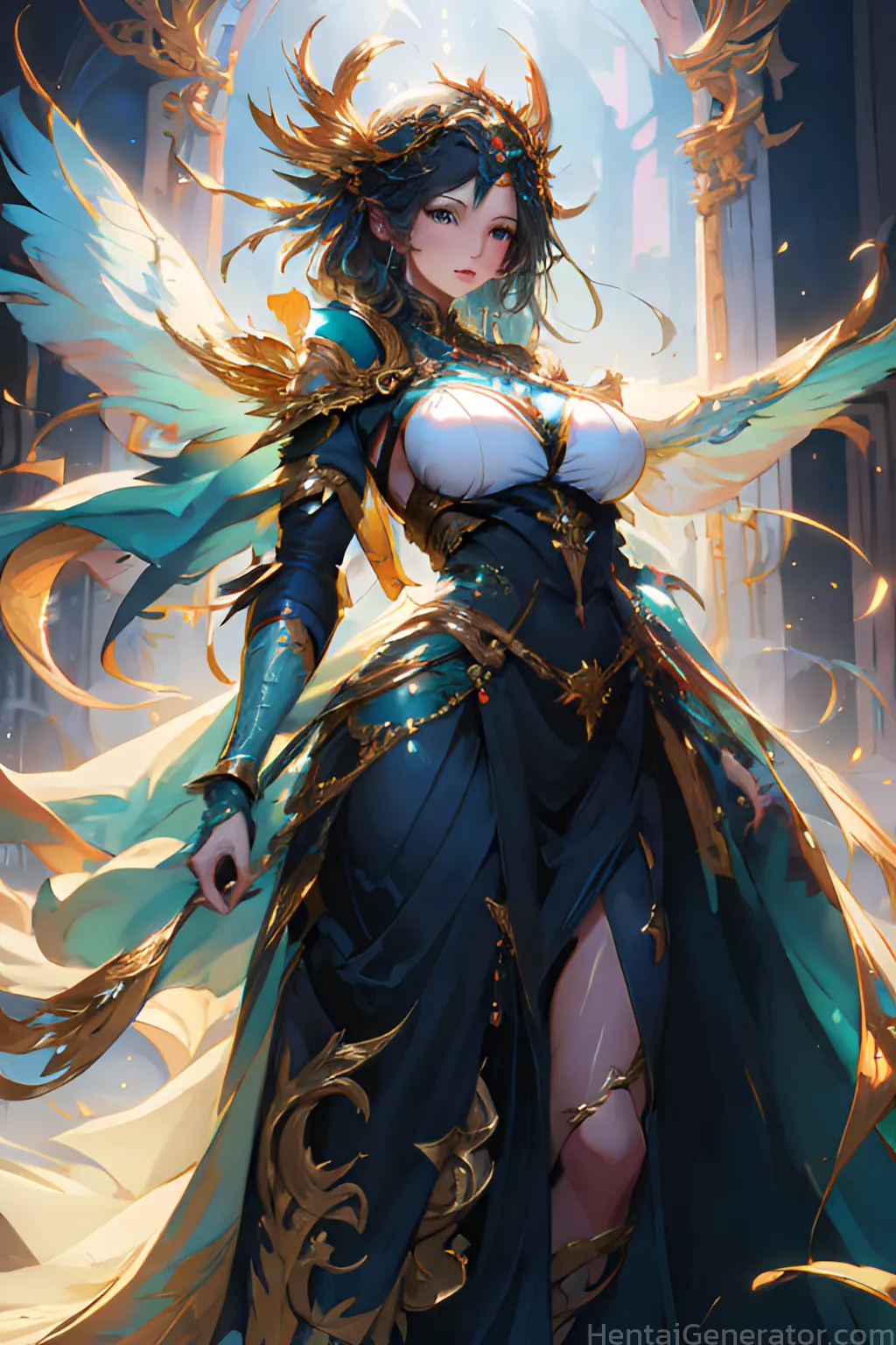  1girl angel angel wings blue eyes breasts cape copyright name dress feathered wings floating hair jewelry long hair looking at viewer solo standing w