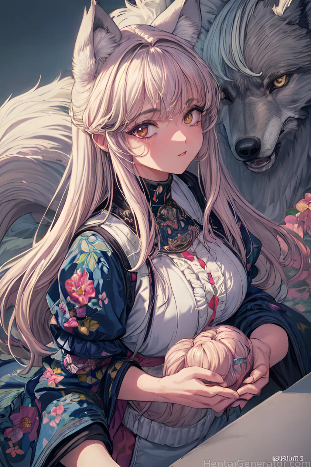  1girl animal animal ear fluff animal ears bangs blush breasts eyebrows visible through hair floral print fox ears fox girl fox tail long hair long sl