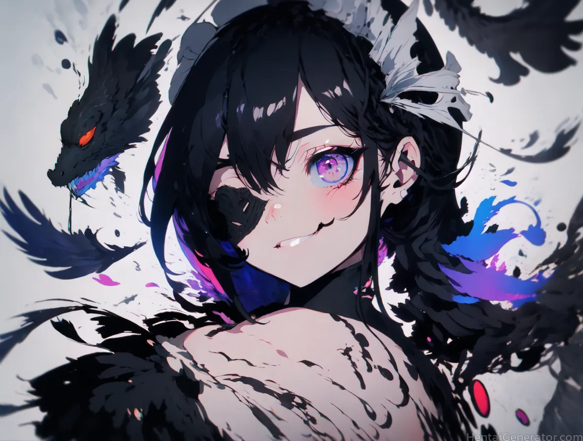  1girl animal bangs bat bird black feathers black hair crow ear piercing earrings feathers fur trim jewelry looking at viewer purple eyes solo teeth s