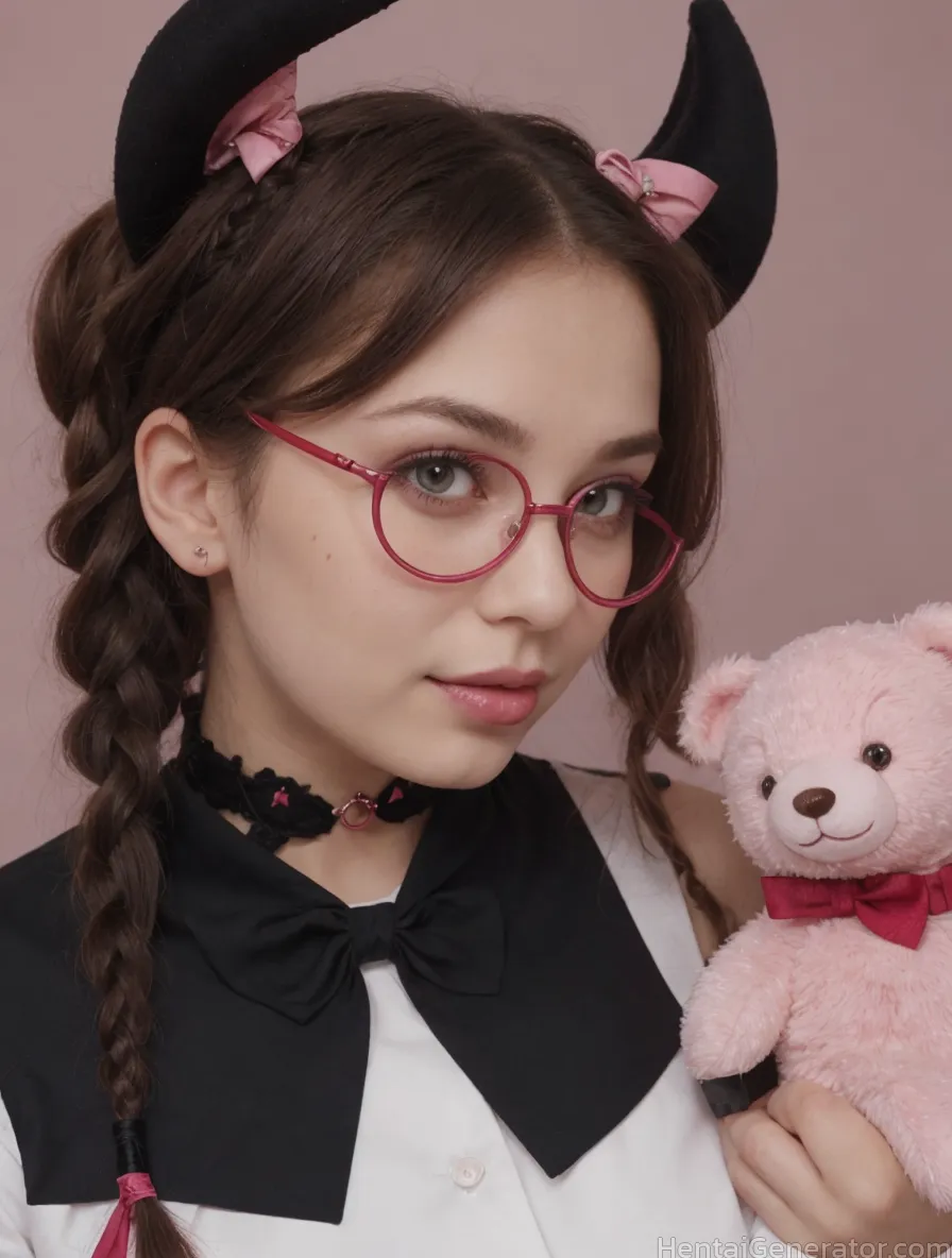  1girl animal bow braid choker dog glasses lips looking at viewer nose realistic red-framed eyewear solo stuffed animal stuffed toy twin braids twinta