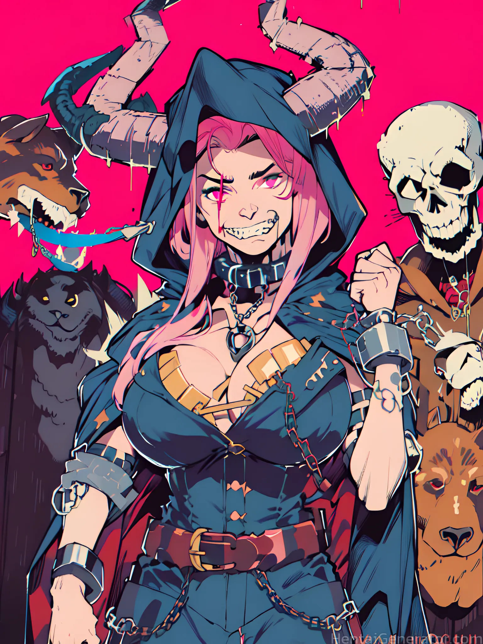  1girl animal collar belt breasts broken broken chain cape cat chain chain necklace chained cleavage clenched teeth cloak collar cuffs dog flail handc