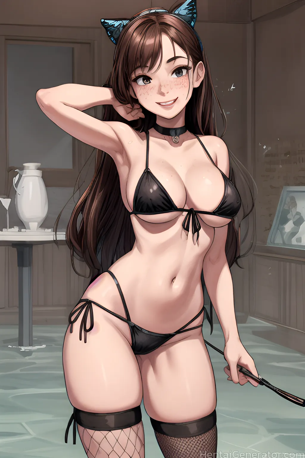  1girl animal ears arm up armpits bangs bikini black bikini black choker blush breasts brown eyes brown hair butterfly hair ornament choker collarbone