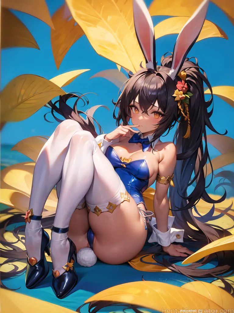  1girl animal ears ass bangs bare shoulders black hair blue sky blush bow bowtie breasts brown eyes cleavage detached collar fake animal ears fake tai