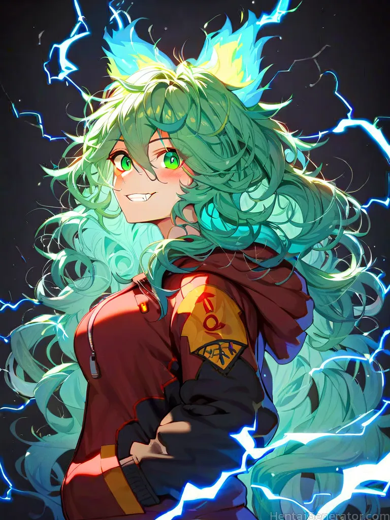  1girl animal ears aura bangs biribiri blue fire blush breasts electricity energy eyebrows visible through hair fire flame glowing glowing hair green 