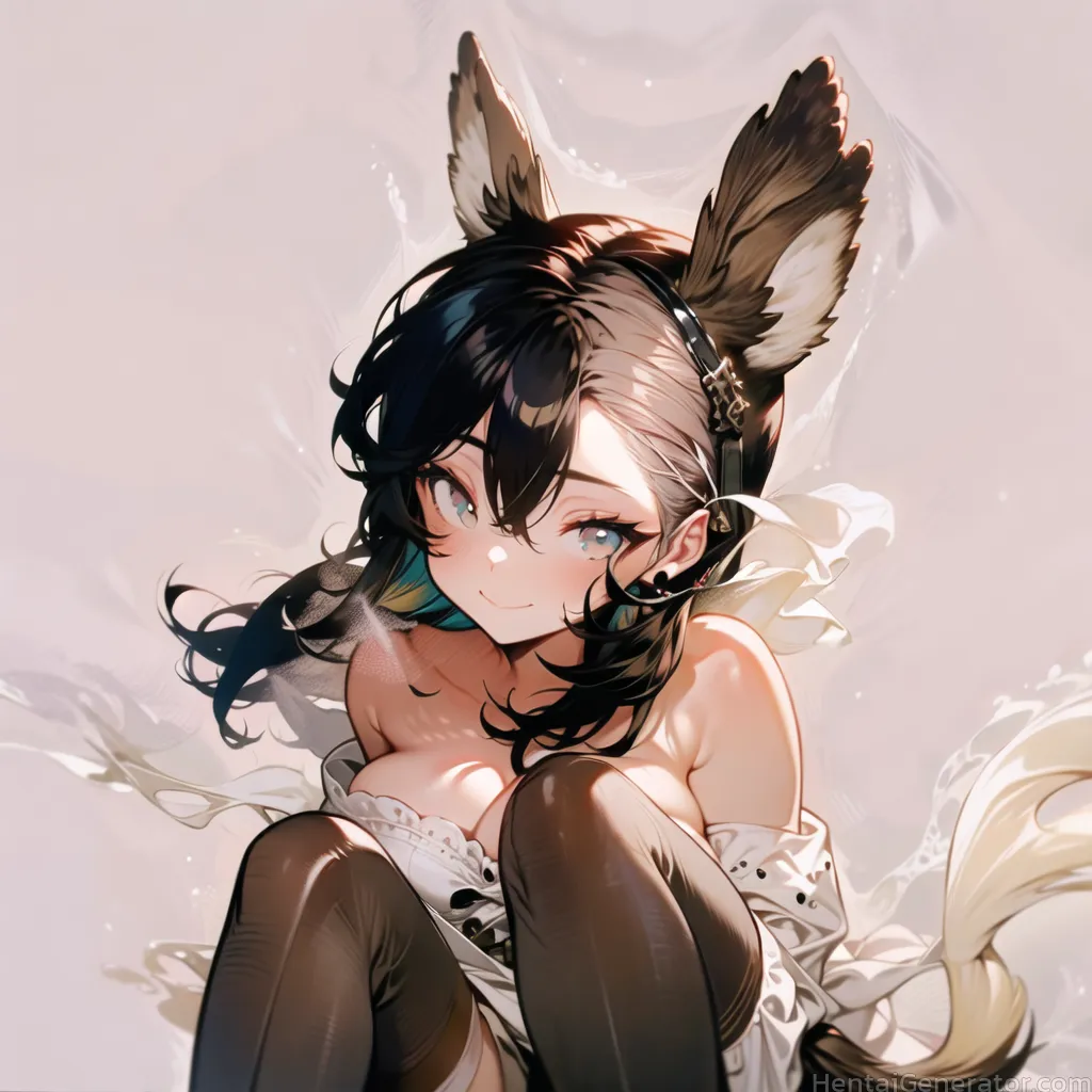  1girl animal ears bangs bare shoulders black hair black legwear blush boots breasts brown eyes cleavage earrings hair between eyes jewelry long hair 