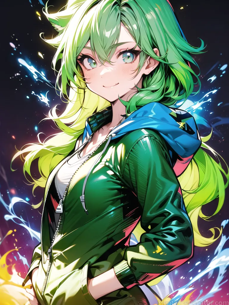  1girl animal ears bangs breasts closed mouth electricity eyebrows visible through hair fire flame green eyes green hair hair between eyes hand in poc