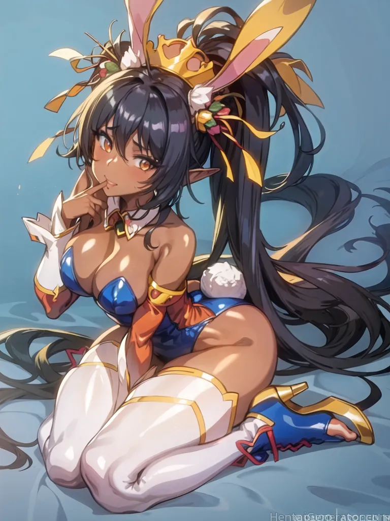  1girl animal ears bare shoulders black hair blue footwear blush breasts brown eyes cleavage dark-skinned female dark elf dark skin detached collar de