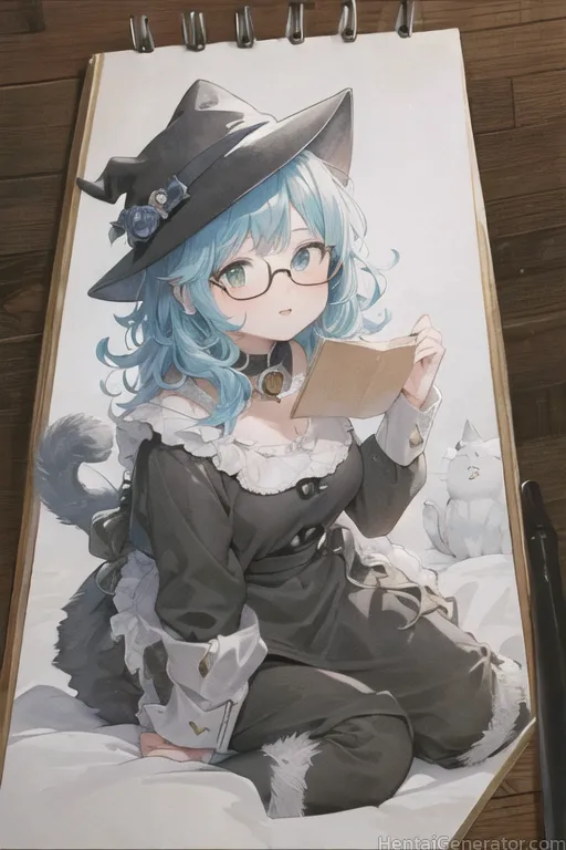  1girl animal ears bell black choker black headwear book breasts choker collar dress fur trim glasses hat jingle bell long hair long sleeves looking a