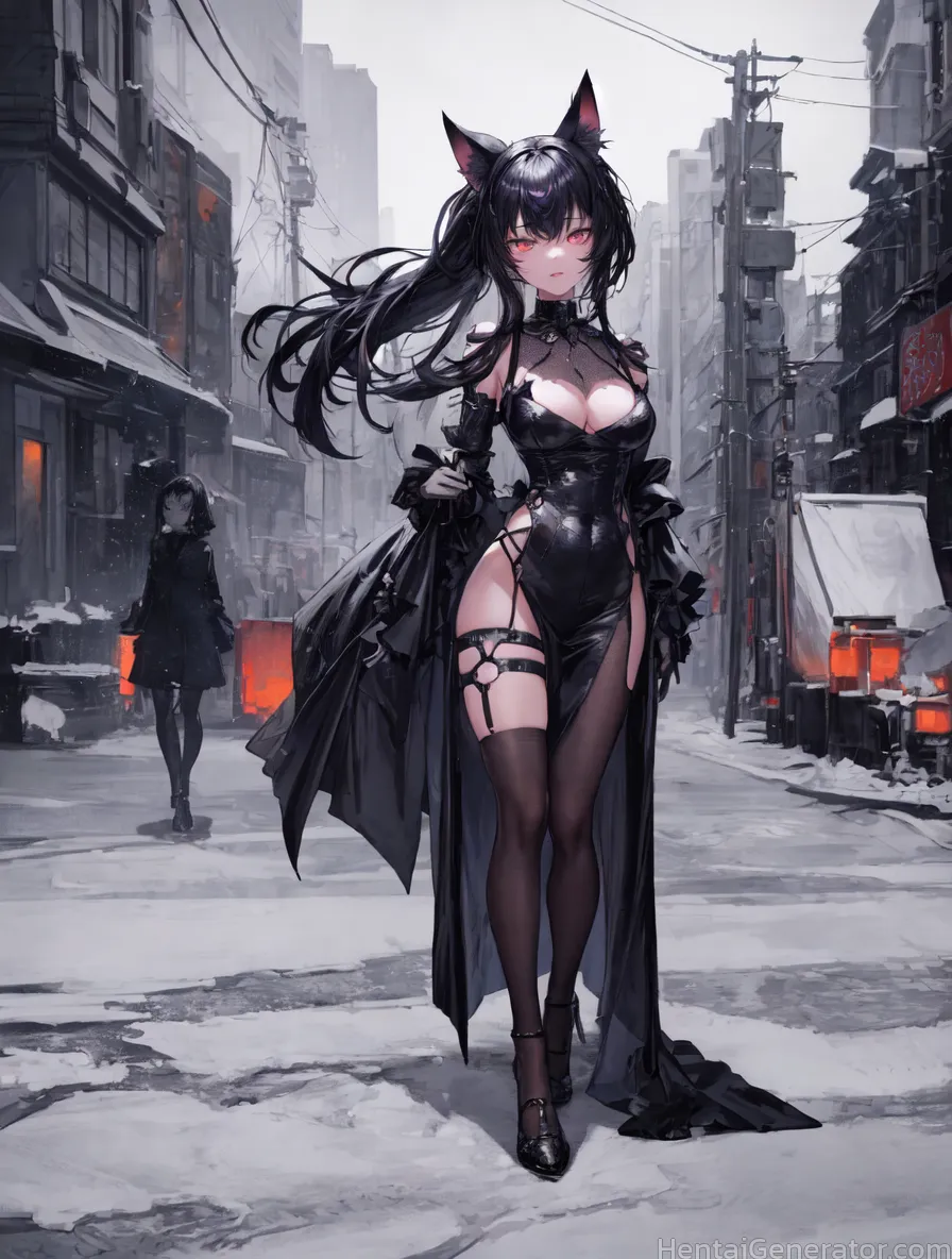  1girl animal ears black dress black footwear black gloves black hair black legwear boots breasts building cat ears city cityscape cleavage dress full