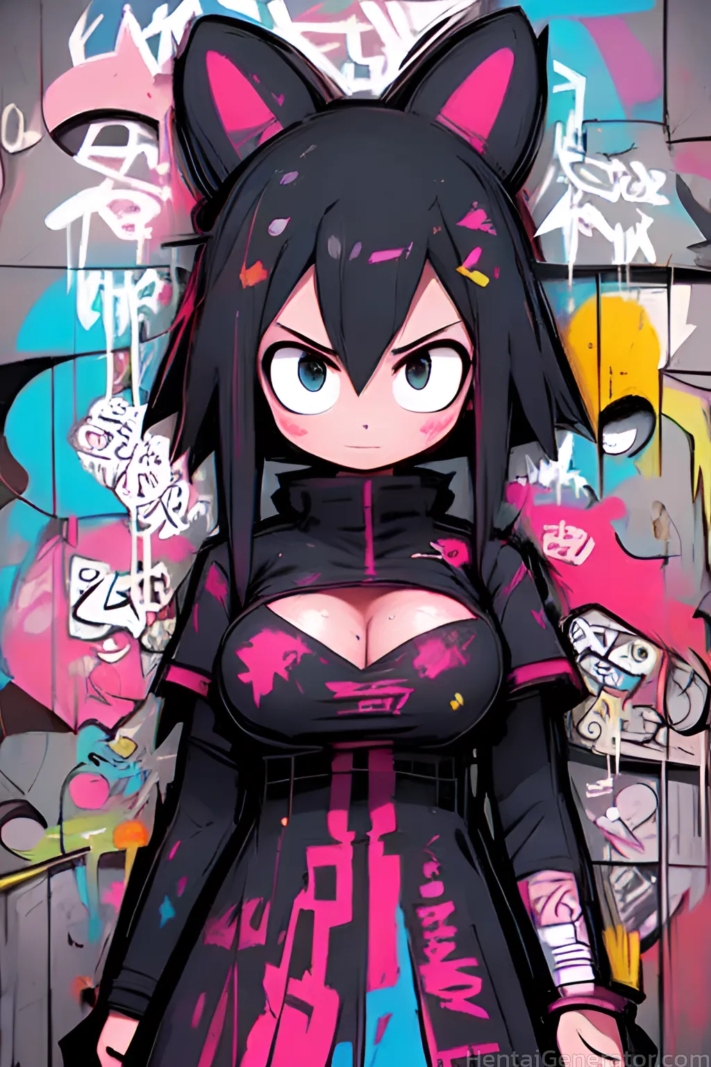  1girl animal ears black dress black hair blue eyes blush breasts cleavage cleavage cutout clothing cutout dress hair between eyes large breasts long 