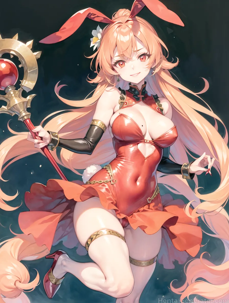  1girl animal ears hentaigenerator bare shoulders blonde hair bow breasts cleavage covered navel dress earrings fake animal ears flower hair flower ha