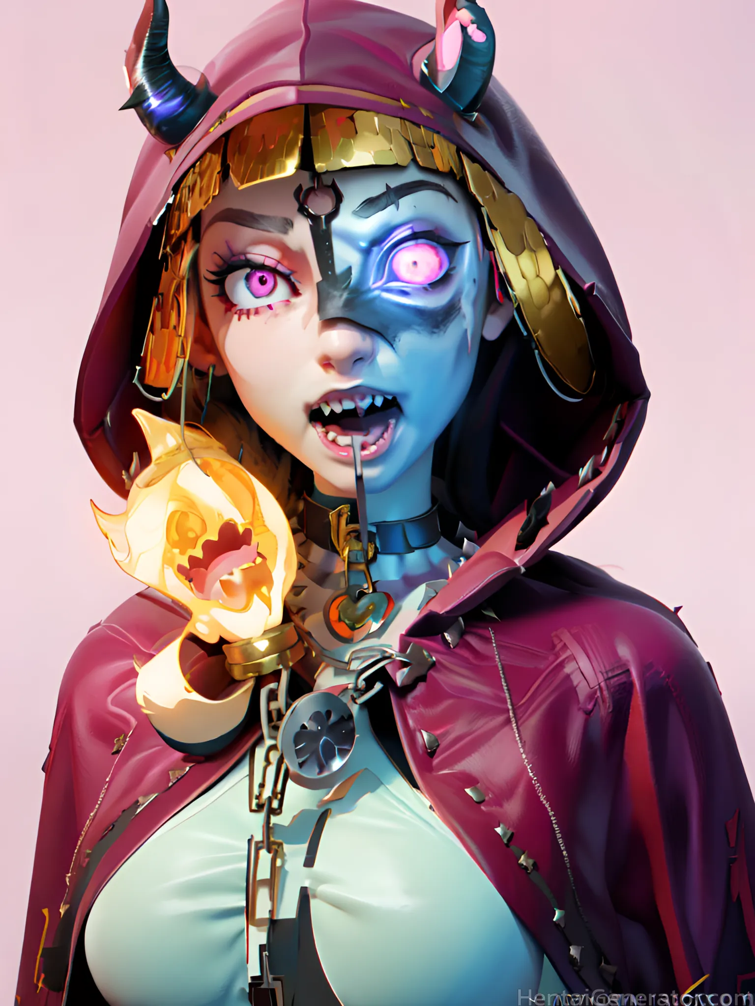  1girl animal hood breasts chain collar colored skin fangs glowing gradient gradient background hood hood up hooded cloak hooded jacket hoodie horns j